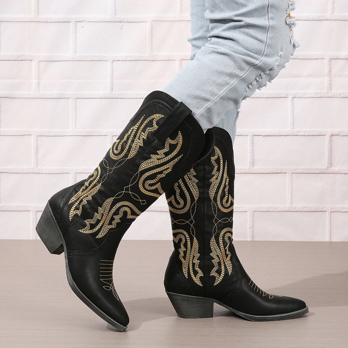 Gloryinterest Cowboy Boots for Women Cowgirl Mid Calf Western Boots Embroidered Stitched Pointed Toe Chunky Block Heel