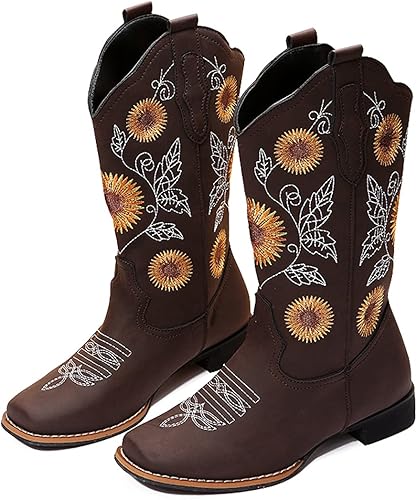 Gloryinterest Cowboy Boots for Women Mid Calf Cowgirl Western Boots Sunflower Embroidery Stitched Square Toe Low Heel